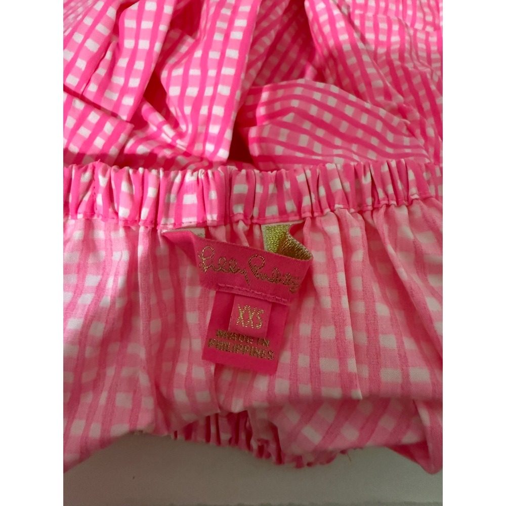 Lilly Pulitzer Frankee Neon Pink Gingham Off The Shoulder Ruffle Sleeve Top XXS - Picture 4 of 5